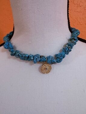 Turquoise Nugget Choker Necklace with Gold Disc Charm